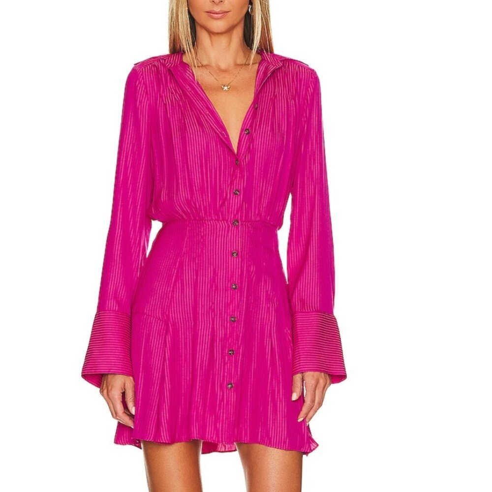 Free People Fuchsia Pleated Button-Front Long Sleeve Mini Dress